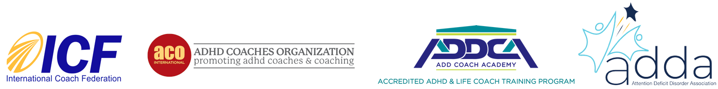 Logos for accreditation and membership organizations: ICF, ACO International, ADDCA, ADDA